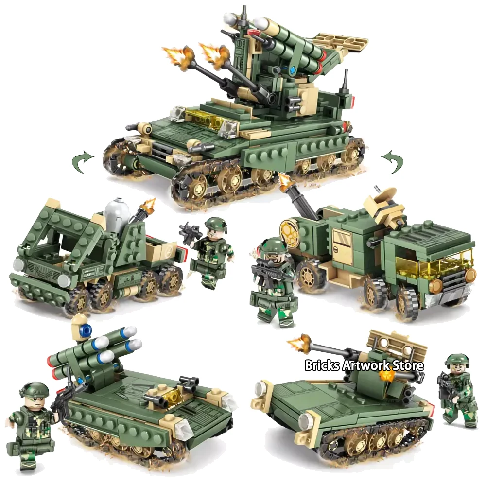 

Fit Creator Military 4 In 1 Set Military Field Army Armored Car Tank Heads Play 649PCS KAZI 84056 Building Blocks Toys for Kids