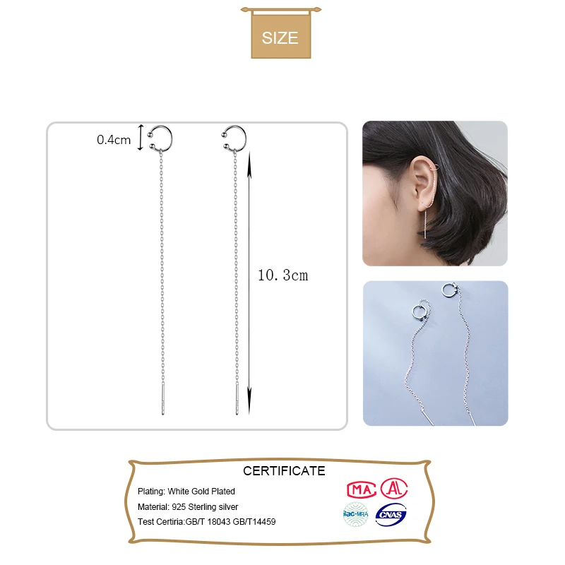 Trusta Tassel Earrings Fashion 925 Sterling Silver Dangle Linked Chain 10cm Clip On Earrings Sweet for Girls Lady Jewelry DS1563