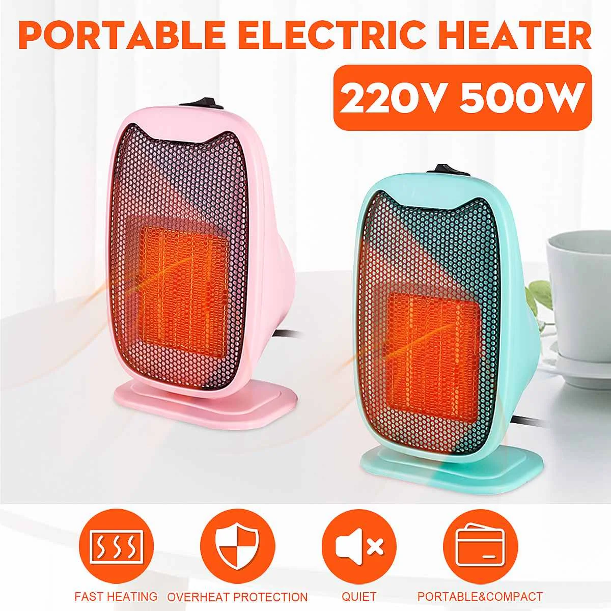 500W Mini Portable Electric Heater Home Office Space Heating Portable Fan Silent