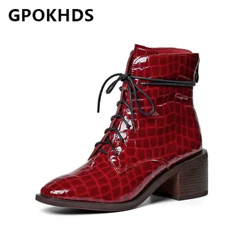 

GPOKHDS 2021 women Ankle boots Cow leather Winter short plush Square Toe Zipper Lace-Up High heels female boots size 42