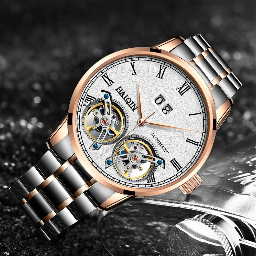HAIQIN Men Mechanical Automatic Double Tourbillon Calendar Stainless Steel Wrist Watches Top Brand Luxury Military Male Clock