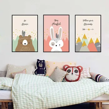

Nordic Children's Room Decoration Painting Cartoon Animal Rabbit Unframed Painting Canvas Wall Art Drawing Picture Nursery