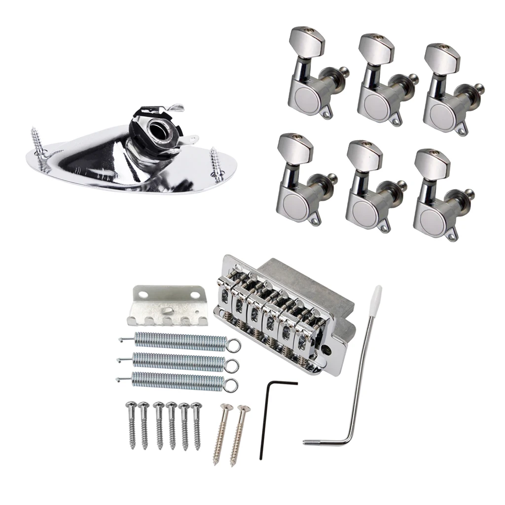 Chrome 6 String Guitar Tremolo Bridge System+Boat Shape Jack+6R Sealed Gear Tuning Pegs Machine Heads