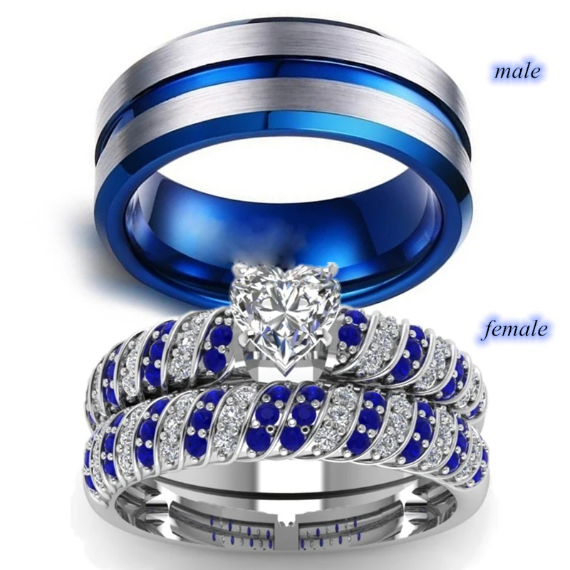 Fashion Jewelry Couple Ring Stainless Steel Men Ring Blue/White Heart Zircon Women Rings Set for wedding rings,womens ring,couple rings,cubic zircon ring,finger rings,jewelry rings,ring jewelry