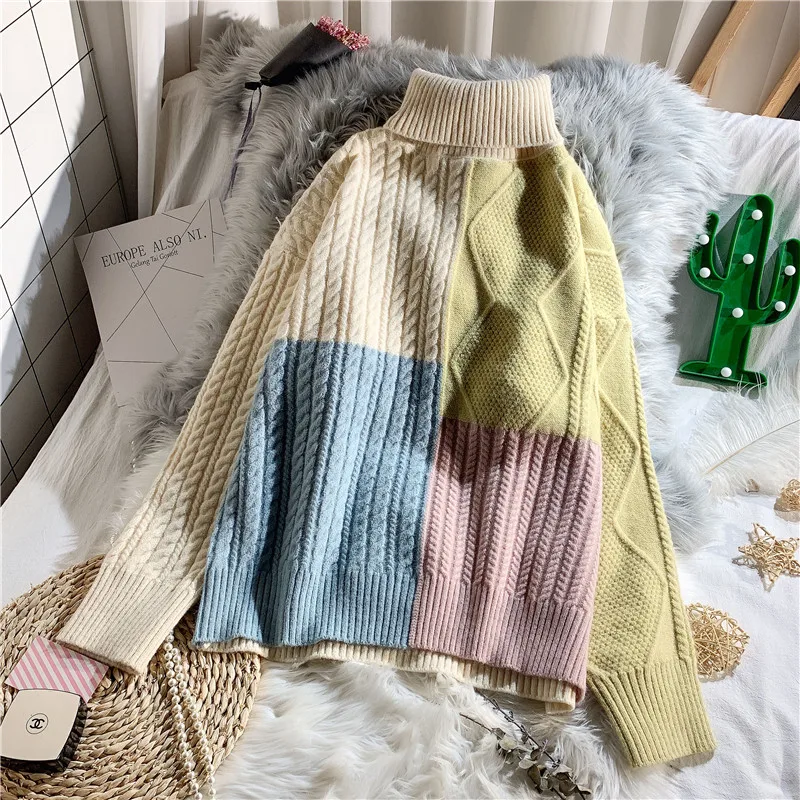 Gagarich Sweater Women New Knitted Full Turtleneck Contrast Color Loose Casual Harajuku Autumn Winter Female Pullovers