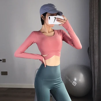 

Crop Top Short with Chest Pad Sports Elasticity Tight Slimming Yoga Clothes Running Training Long Sleeve Quick-drying T-shirt