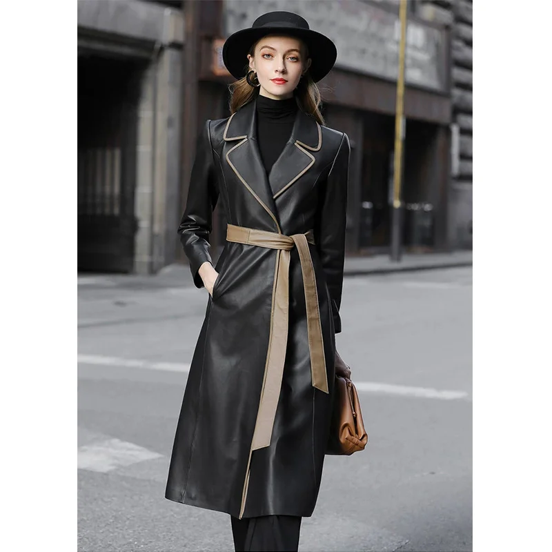 New Autumn Winter Long Trench Coat Women Luxury Vintage Real Sheepskin Genuine Leather Jacket Female Outwear Fashion Overcoat images - 6