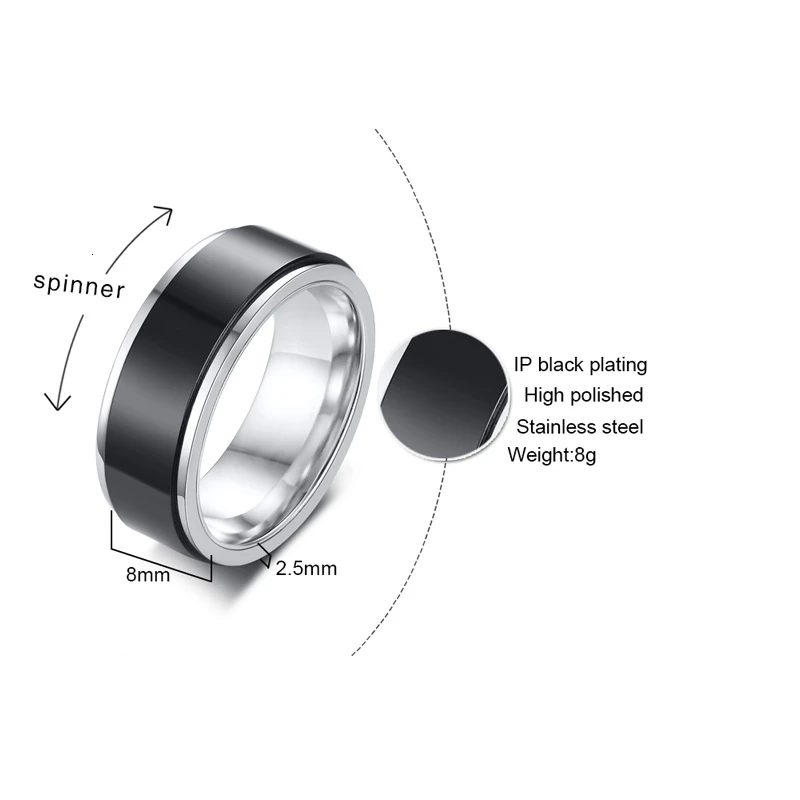 8mm ring Персонализированные основные Spinner кольцо мужские свадебные бренды нержавеющая сталь вращающийся 6 мм 8 мм Мужской Анель Стильный Панк Alliance - Цвет основного камня: 8mm ring