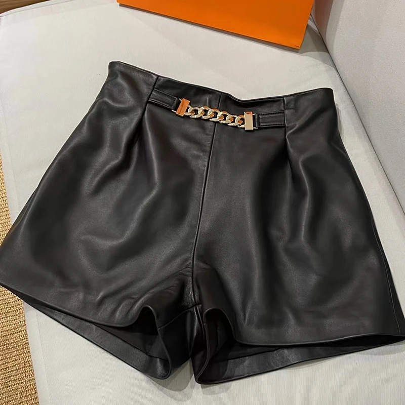 

Shorts Women High Waist 2021 Korean Style Fashion Spring Autumn Luxury Designer Black Genuine Leather Shorts Female plus size
