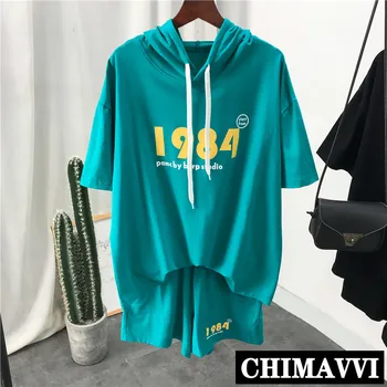 

Sports Suit Female Summer New Loose Wide Leg Shorts + Hooded Short-Sleeved Letter T-shirt Two-Piece Casual Running Suit Students