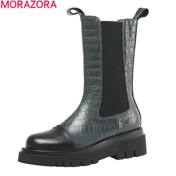 

MORAZORA 2020 Genuine leather boots square heels round toe ladies shoes autumn winter ankle boots for woman black green