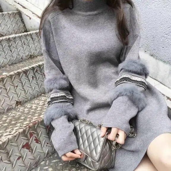 Высококачественный Женский вязаный кашемировый свитер с бусами, юбка с кроличьим мехом, водолазка с длинным рукавом, элегантные женские повседневные юбки AH413