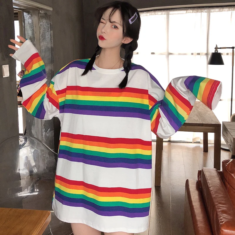 Cena Tee koszula kobieta SAutumn topy koreański Ulzzang Harajuku Rainbow koszulka w paski dla kobiet z długim rękawem Tshirt kobiet odzież codzienna