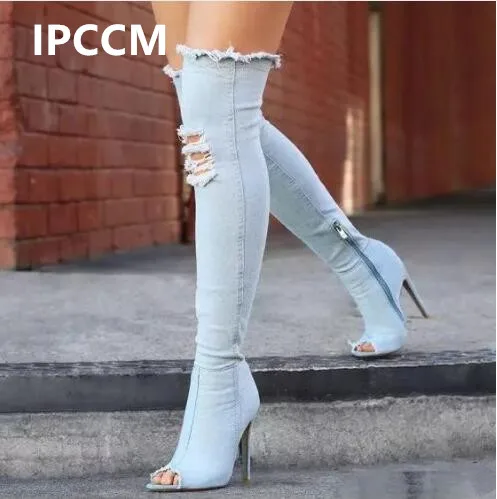 

IPCCM Women Boots Summer Autumn Peep Toe Over The Knee Boots Quality High Elastic Jeans Fashion Boots High Heels Boots