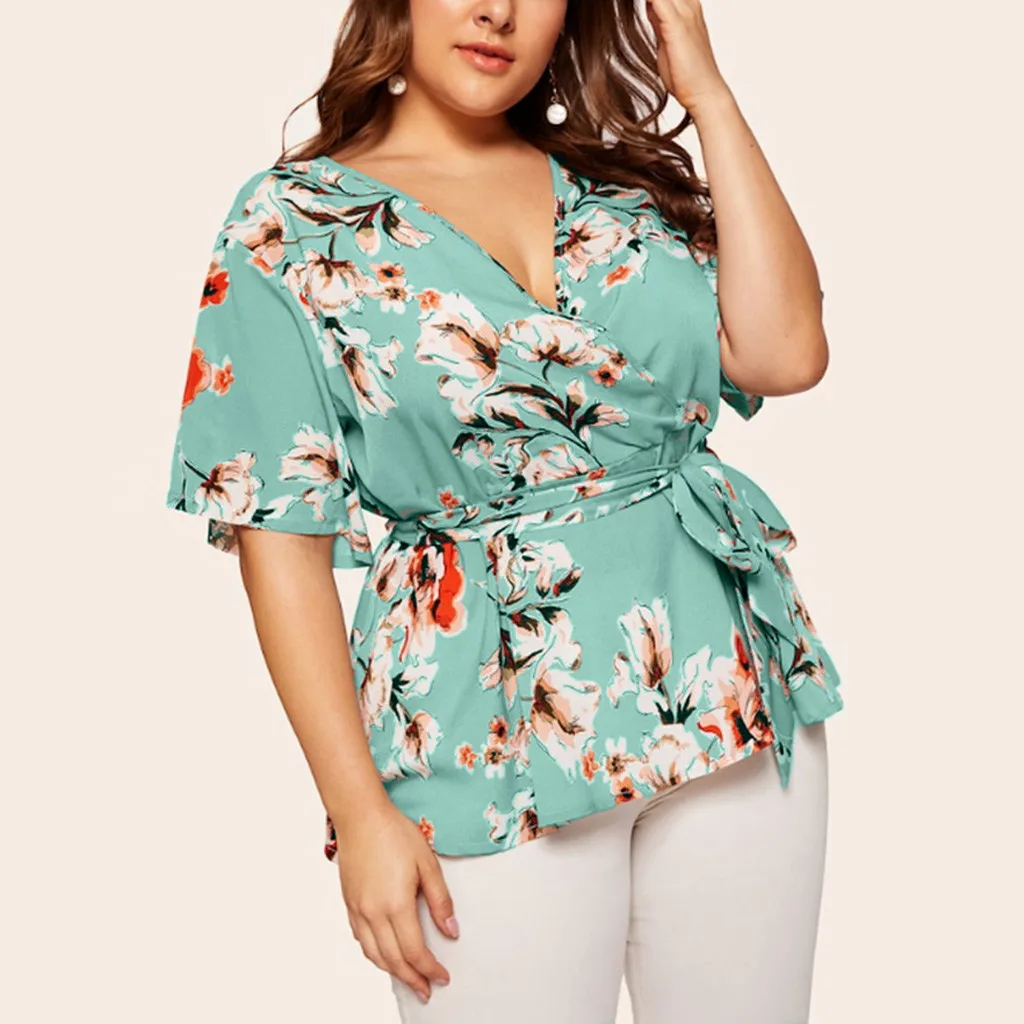 5xl Plus Size Floral V-neck Shirt Women's Casual Short Sleeve Tunic Printing Waist Belt Blouses Tops Women Clothing Blusas Mujer shirts & tops