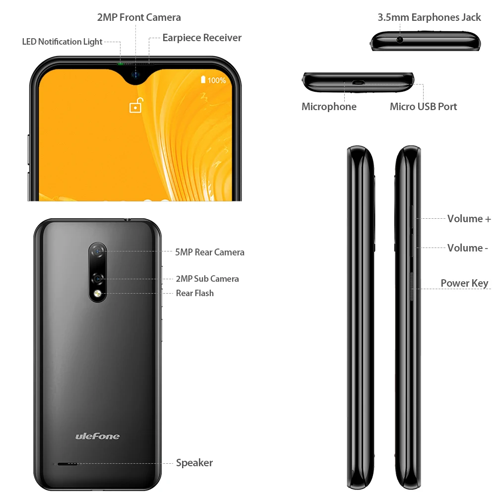 Чехол накладка Ulefone Note 8 смартфон Android 10 в виде капли воды Экран 4 ядра 2 ГБ + 16 Гб 5