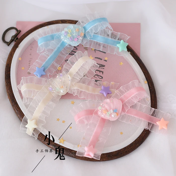 Kawaii Hand made shell Star Bowknot заколка для волос Лолита девушка боковой зажим подростковое украшение для волос в виде сердца японские аксессуары для волос