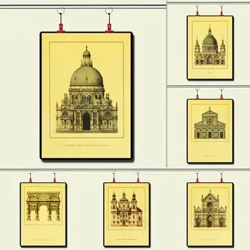 

European and American architectural drawings Vintage Paper Poster Wall Painting Home Decoration 42X30 CM 30X21 CM
