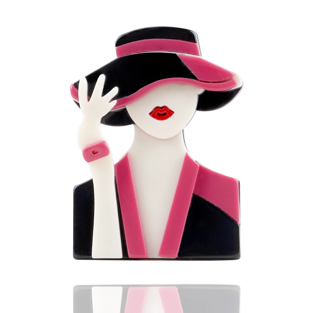 Fashion Creative Elegant Black Pink Suit Lady Brooch Pins For Women Girls Acrylic Brooches Badges Lapel Pins Cool Party Jewelry