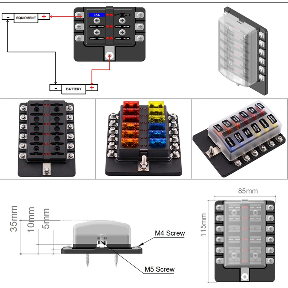 Car Blade Holder Fuse Box 12/10/8/6 Ways Modified Terminal Block Fuse with LED Warning Light for Car Boat Marine Trike 12V 24V