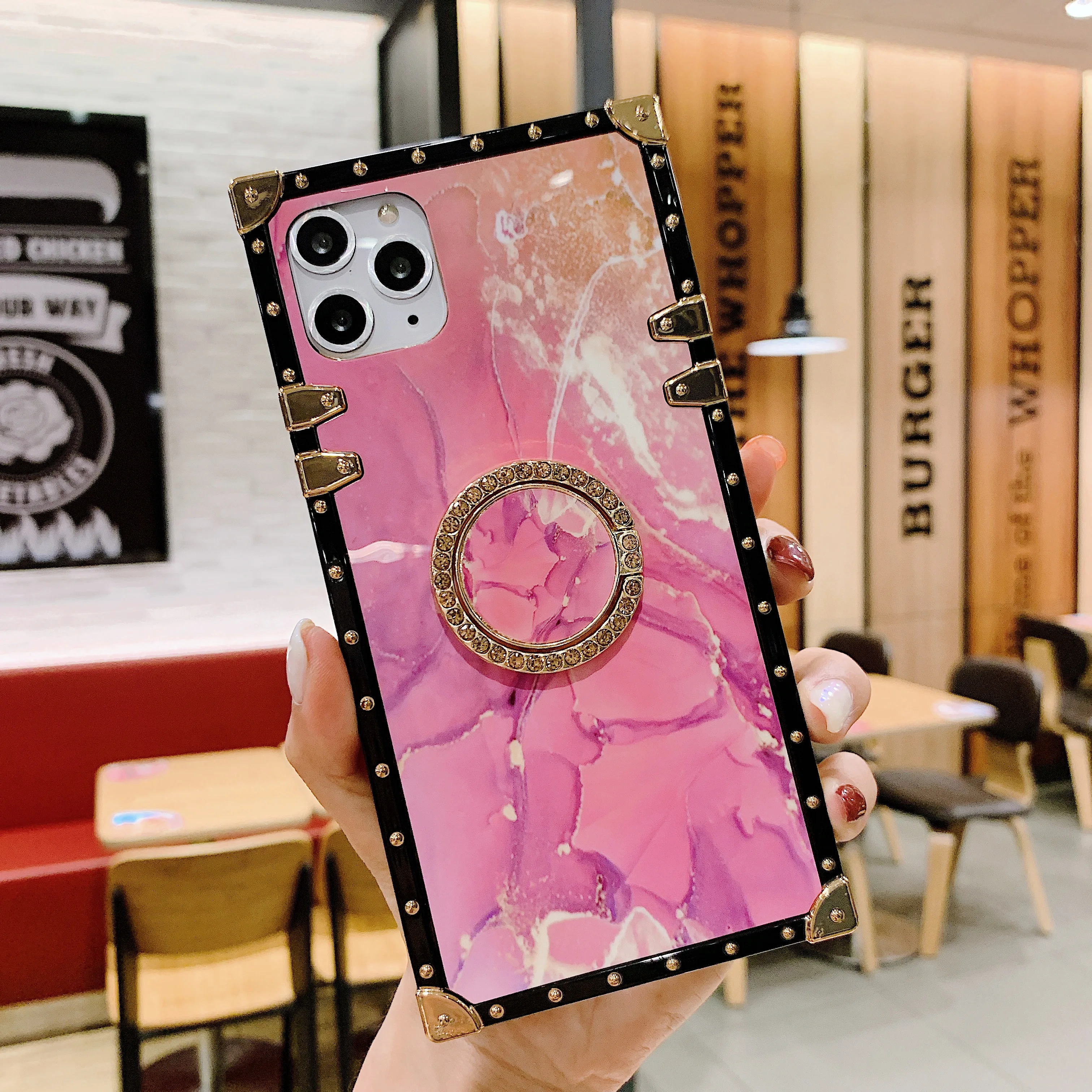 Square Pink Shiny Diamond Finger Stand Case For Samsung A51 A71 5G A01 A81 A91 A50 A70 A10 A30 A02 M30 A21 A10S A20S M30s Cover | Мобильные