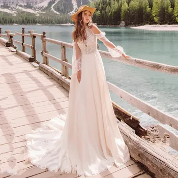

Thinyfull New Arrival Long Puffy Sleeve Wedding Dresses O Neck A Line Button Bride Dresses Chiffon Lace Appliques Bridal Gown