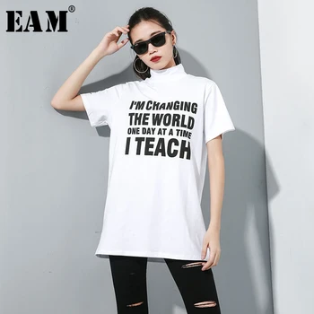 

[EAM] Women Black White Letter Pattern Print Loose Fit T-shirt New High Collar Half Sleeve Fashion Tide Spring Autumn 2020 1A704