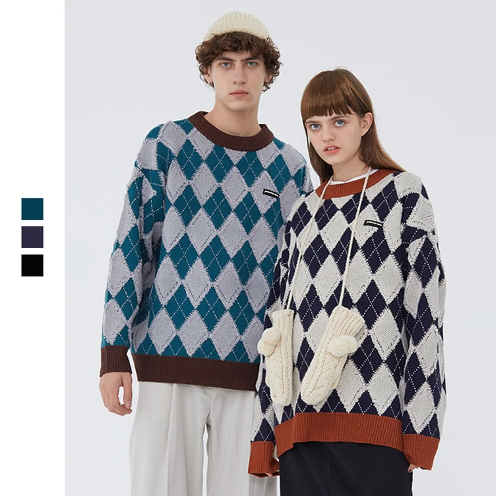

Men Plaid Sweater New 2021 FW Warm O-neck Autumn Knitted Sweater For Couple Oversized Hip Hop Sweater Men