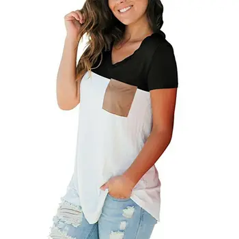 

2020 new short-sleeved V-neck stitching pocket T-shirt top