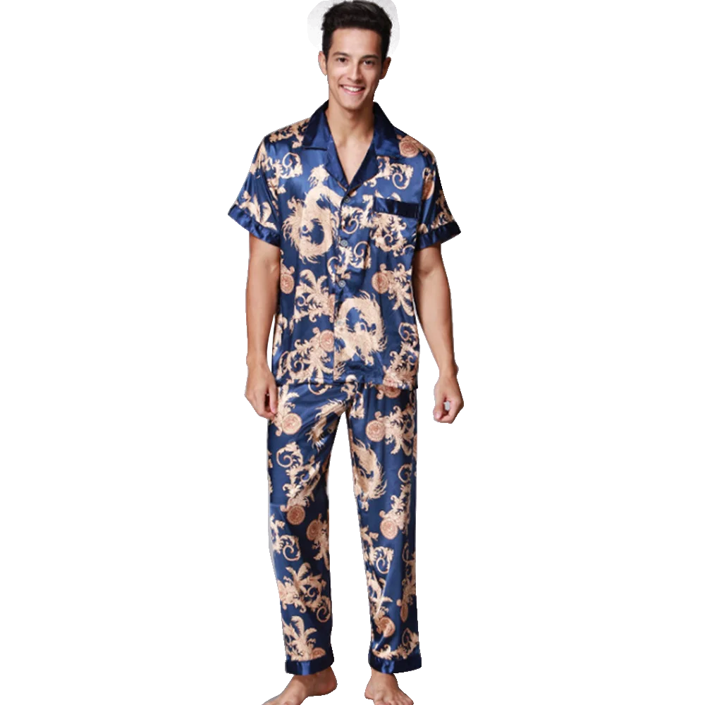 

Autumn Men Sleep Pajama Sets Polyester Rayon Short Sleeve Button Cardigan Print Sleepwear Home Elastic Imitation Silk Nightwear
