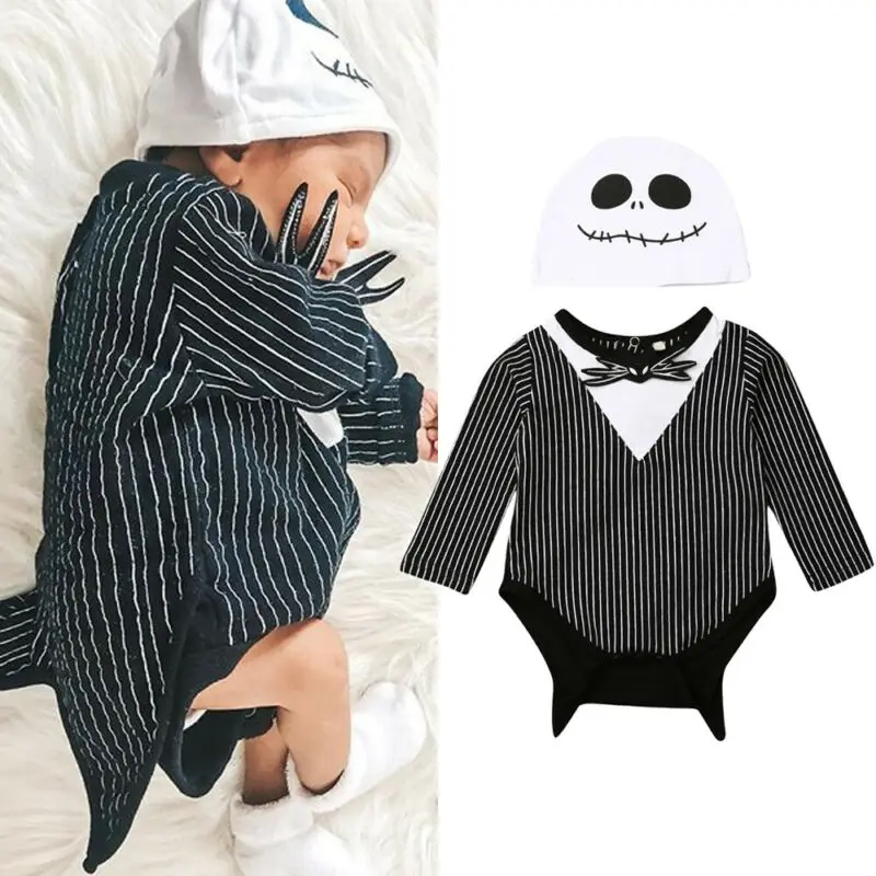 0-18M Infant Newborn Baby Boy Girl Halloween Costumes Stripe Bat Romper Long Sleeve Jumpsuit +Ghost Hat