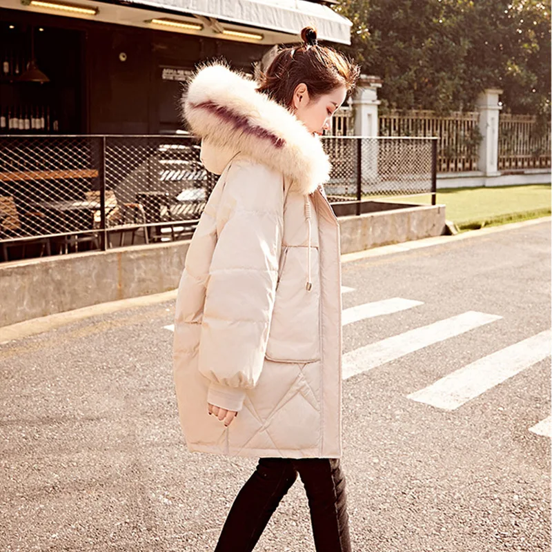 

2019 Large Fur Collar down Cotton Coat Cold Cotton-padded Clothes Women's Mid-length Thick Loose-Fit Cotton-padded Jacket Coat L