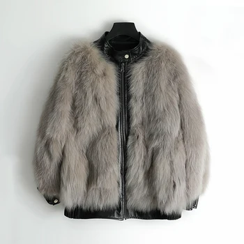 Billige Rf1948 Lange Hülse Frau Real Fuchs Pelz Mantel Reversible Echtem Leder Oversize Zipper Natürliche Pelz Jacke