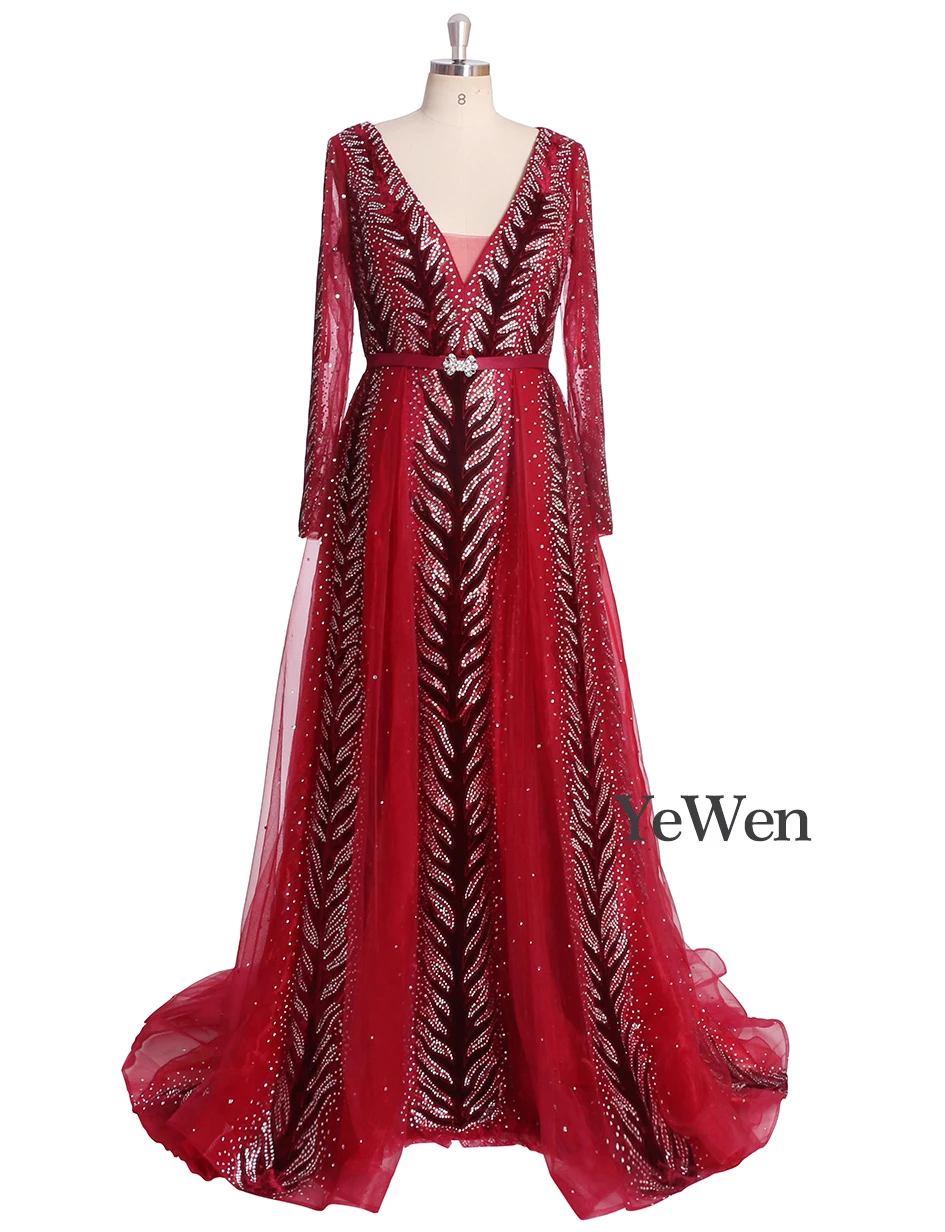Вечернее платье женское Новое красное кружевное вечернее платье с v-образным вырезом и длинными рукавами вечерние, сексуальное и роскошное и вечернее со шлейфом платье YM20278