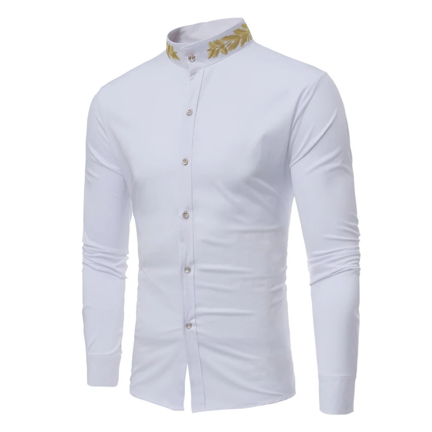 Мужская рубашка с длинным рукавом Camisa Masculin с вышивкой на шее, приталенная Повседневная рубашка с отложным воротником, мужские модные рубашки, мужская одежда