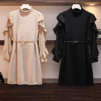 

2020 Fashion Spring Women Loose Dress L-4XL Plus Size Long Sleeve Knitted Patchwork Chiffon Ruffles Dress With Belt Casual Dress