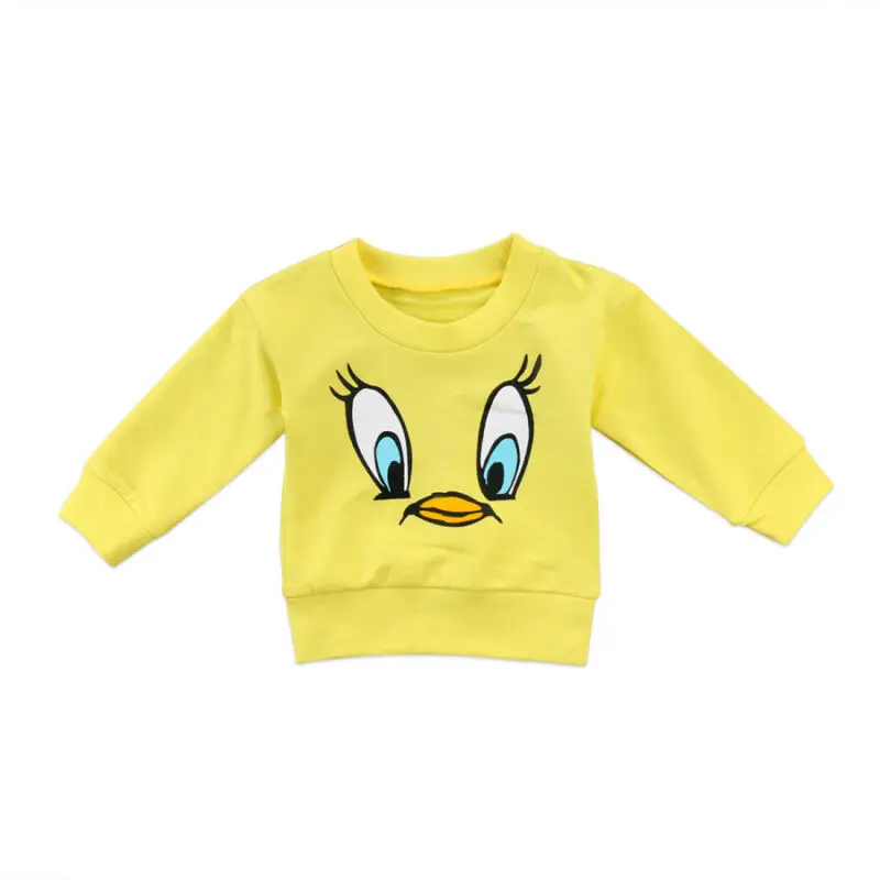 Милая желтая футболка с рисунком птицы, топ с длинными рукавами для маленьких мальчиков и девочек, осенний милый теплый свитер с большими глазами