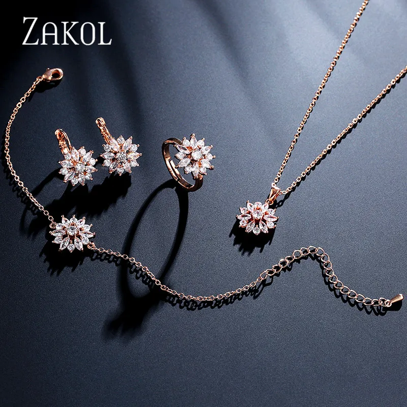 

ZAKOL Casual Cubic Zirconia Flower Ring Earrings Necklace Set for Women Wedding Dinner Holiday Birthday Gift Jewelry FSSP3012