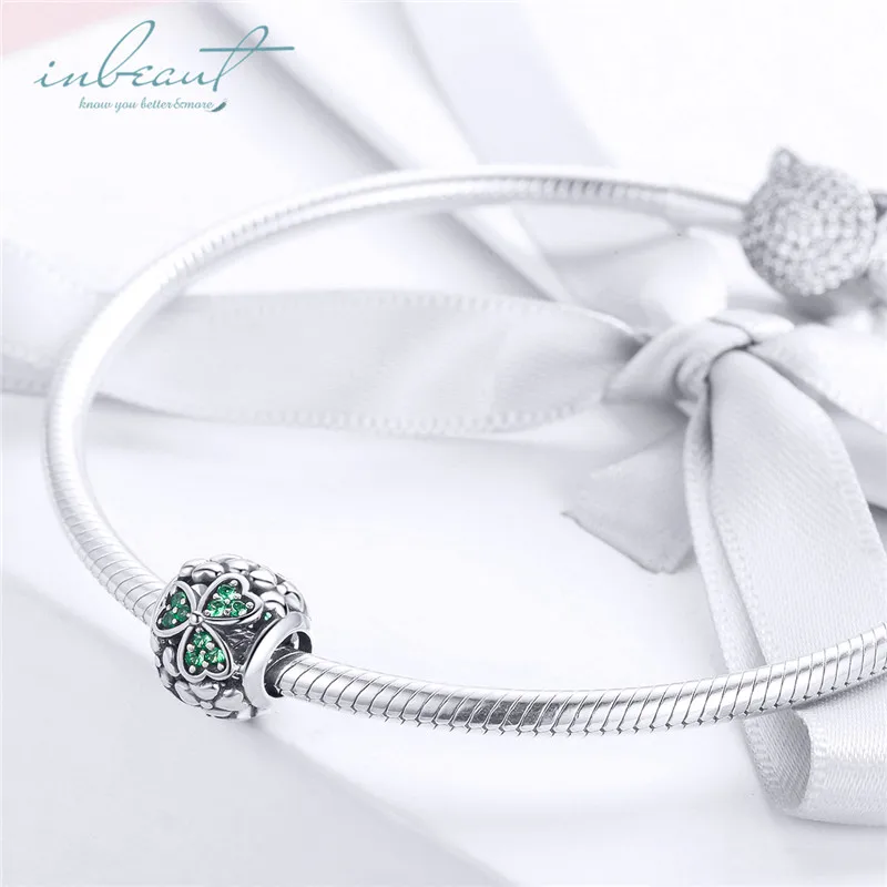 S925 серебро fit Pandora браслет Зеленые Бусины с клевером Циркон 925 Сердце лепесток подвески в форме цветов для браслетов ювелирные изделия diy цепи