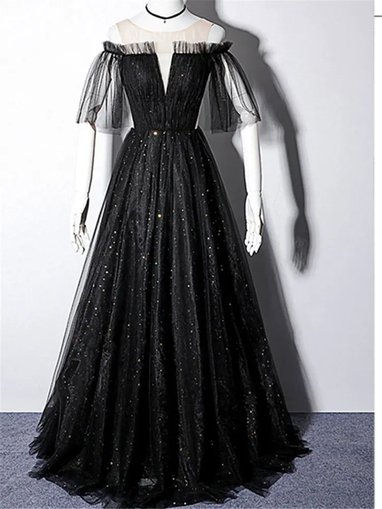 black It's Yiya элегантное вечернее платье с круглым вырезом и коротким рукавом, женские вечерние платья с открытыми плечами, длина до пола, Robe De Soiree E847 - Цвет: black