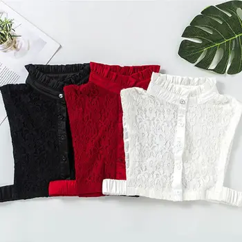 

Pleated Ruffles Stand Fake Collar Hollow-out Floral Lace Necklace Choker Buttons