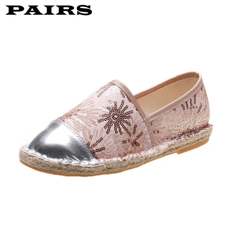 

Sliver Sequin Flower Slip on Oxfords Brand Ladies Straw Knitted Fisherman Shoes Woman Patchwork Flats Hand-sewn Canvas Loafers