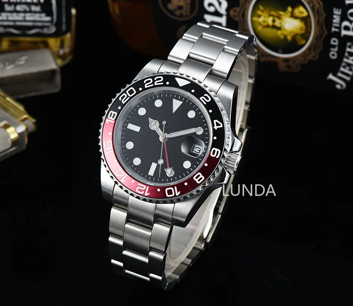 

movement GMT40mm men's watch automatic black and red bezel sapphire crystal dial stainless steel bracelet Z-4