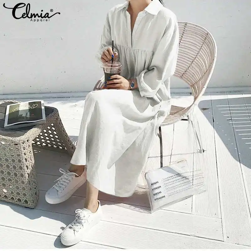 Kopen Celmia Lange Shirt Jurk Vrouwen 2019 Herfst Casual Revers Lange Mouw Feestjurk Retro Geplooide Katoen Linnen Vestidos Plus Size 7
