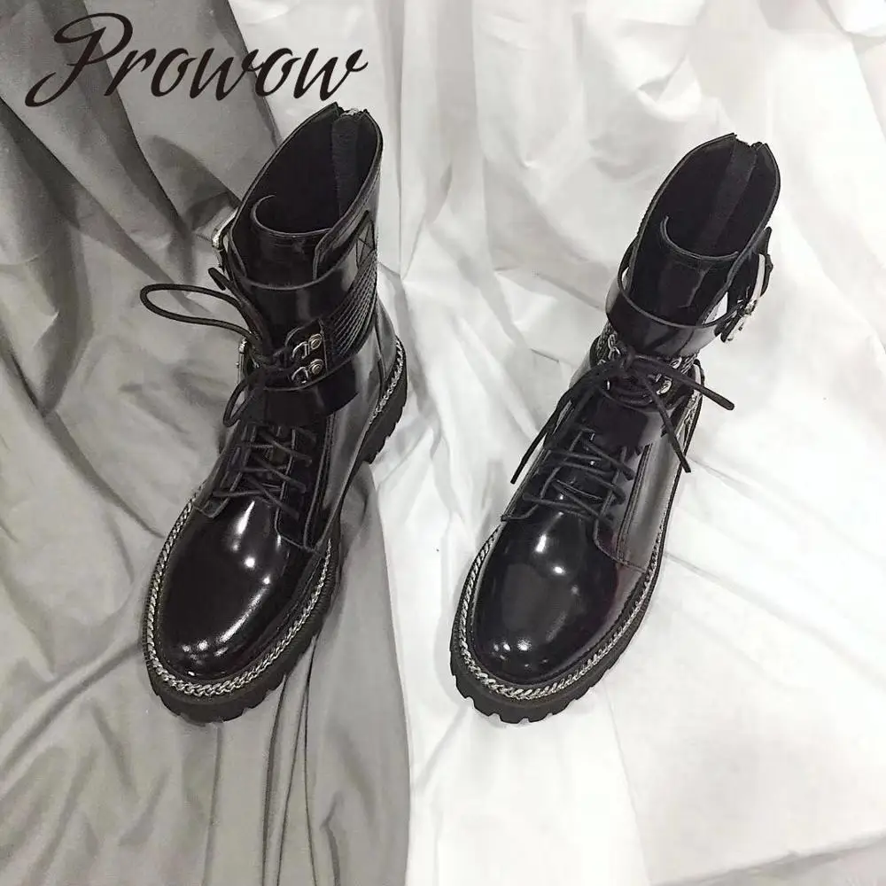 

Prowow New Genuine Leather Brand Designer Lace Up Ankle Boots Lace Up Thick Heel Low Heel Winter Boots Shoes Women