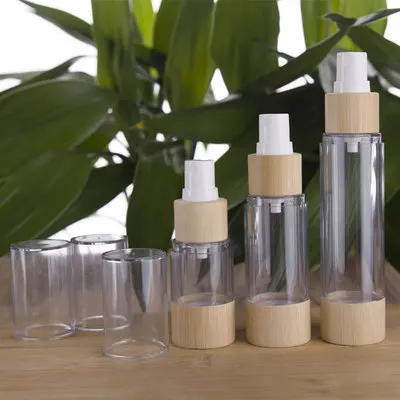 Eco friendly luxury empty bamboo packaging cosmetic airless bottle wooden airless spray bottles eye cream lotion bottles 100ml double decker parasol 270x270 cm wooden pole cream white