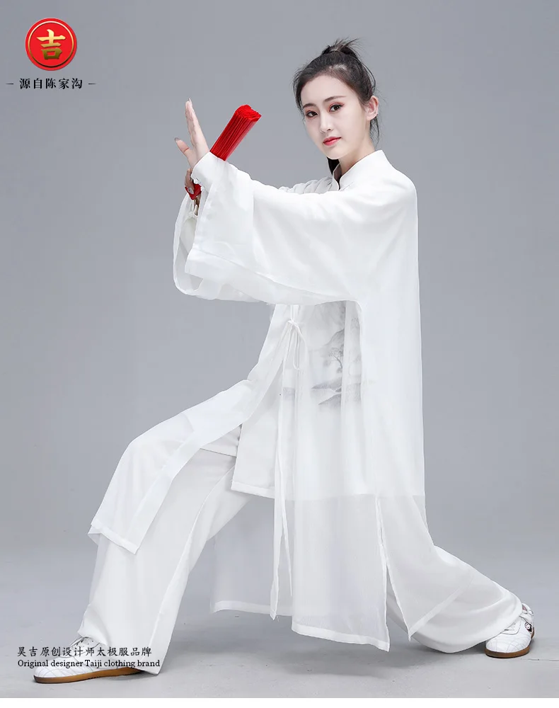 Женский Hanfu Taiji наборы одежды костюм Тан кунг-фу изысканный элегантный тай-чи из трех предметов одежды боевых искусств шаль чернильная живопись