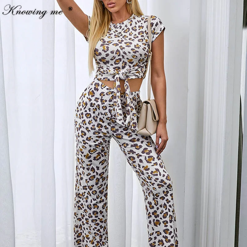

Women Sexy Crop top Leopard Print tracksuit set Elegant Summer bow tie short sleeve pullover and Full length pants 2pcs set 2XL