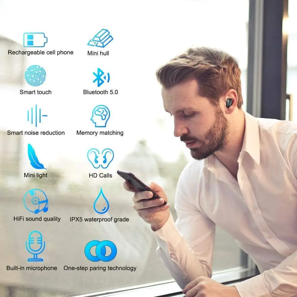Сенсорные наушники Bluetooth 5,0, беспроводные наушники TWS IPX7, водонепроницаемые, HD стерео наушники-вкладыши, светодиодный дисплей, 3600 мАч, внешний аккумулятор