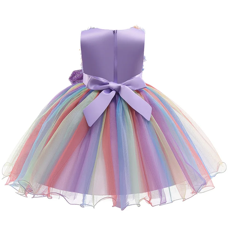 High Quality Summer Girls Dress Rainbow Mesh Bow Birthday Party Dance Costume Little Princess Dress Kids Clothes 1-10 Years Old
